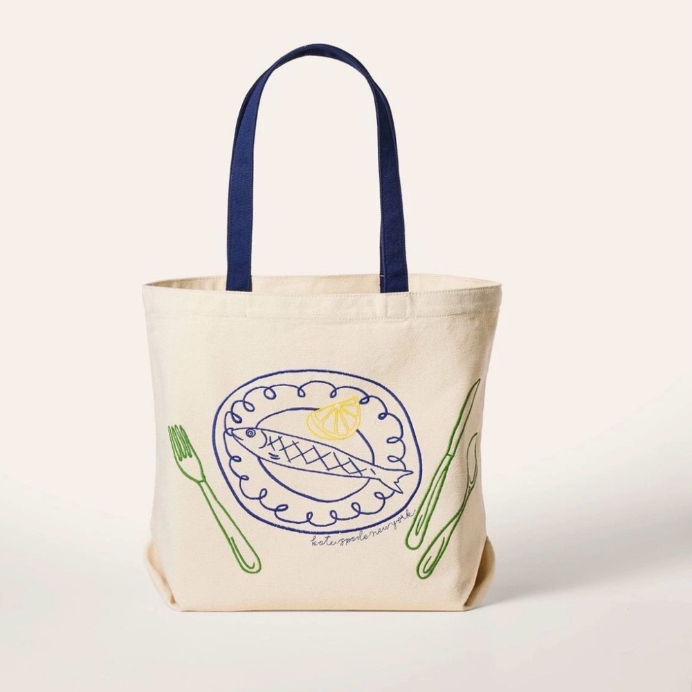 Kate Spade Canvas Tote Bag with Embroidered Artistic Fish Design NEW